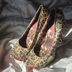 Betsey Johnson leopard and red peep toe stiletto pump